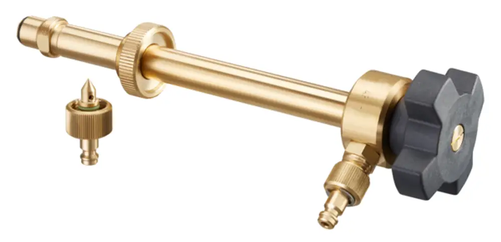Differenzdruckmessspindel von Oventrop mit einer langen, goldenen Rohre und einer schwarzen Drehknopf für die Montage an Thermostatventilen zur Druckmessung.